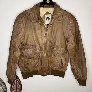 AA Vintage Saddlebred Leather Bike Brown Bomber Knife Pockets Jacket